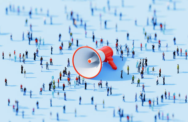 Human Crowd Surrounding Red Megaphone Object On Blue Background
