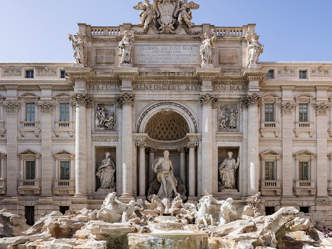 famous Trevi Fountain, the largest Baroque fountain in Rome and one of the most famous fountains in the world, on Piazza di Trevi in the Italian capital; Rome, Italy