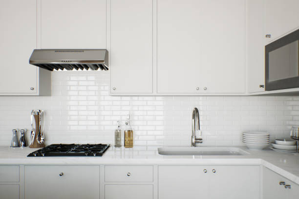 istock White kitchen with kitchen appliances and utensils. Stylish kitchen in traditional style. 3D rendering 1805661139