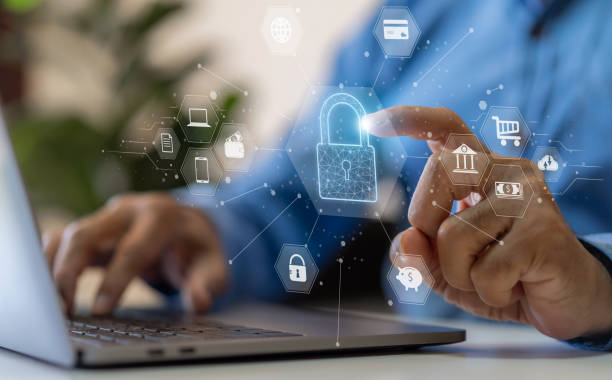 istock Human use laptop security scanning protect concept, technology digital program futuristic, bank, privacy, password, cyber security, cloud online technology to protect client IT lock icon.security 1805665280