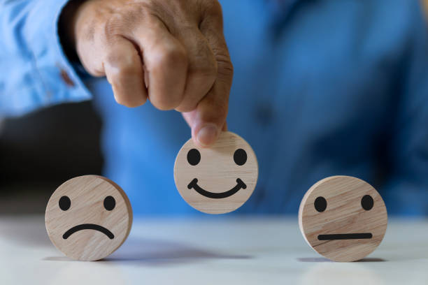 istock Human choose wood emotion smile, give feedback icon satisfaction survey, evaluation, customer, satisfaction, review, feedback, service excellent, Quality, assurance, positive, customer service 1805665311