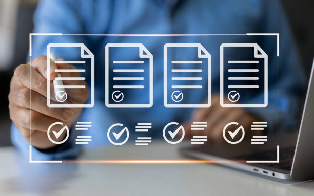 istock Human use laptop checking mark on checklist, survey, form, check mark, yes, questionnaire, filling digital, list, assessment, exam, vote, answer, to do list, evaluation, business and education concept 1805665320