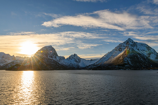 Panorama view on Fiskebøl at Austvagoy Island during winter in the Lofoten seen from the sea.