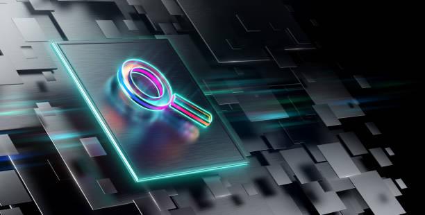 istock Lens search icon futuristic background. Search Engine Evolution. Glowing search icon in world of technological progress and innovation. CGI 3D render 1805672466