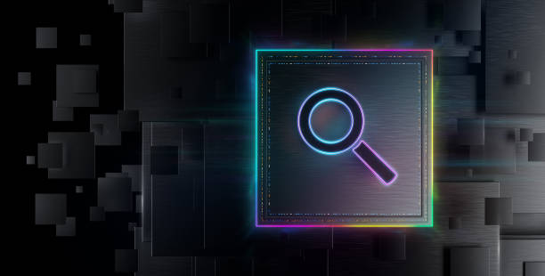 istock Lens search icon futuristic background. Search Engine Evolution. Glowing search icon in world of technological progress and innovation. CGI 3D render 1805674795