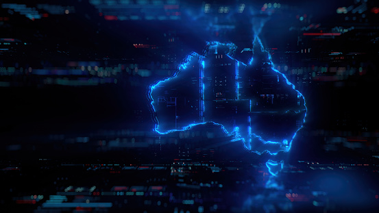 Digital Australia map hologram on future tech background. Global communication and finance background. Futuristic Australia map in world of technological progress and innovation. CGI 3D render