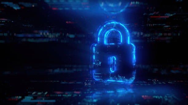 istock Digital lock icon hologram on future tech background. Security and safety Evolution. Futuristic lock icon in world of technological progress and innovation. CGI 3D render 1805675400