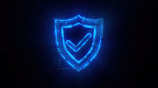 Digital shield icon hologram on future tech background. Security and safety Evolution. Futuristic shield icon in world of technological progress and innovation. CGI 3D render