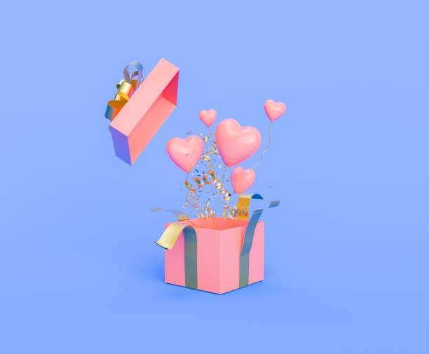 istock Surprise Gift Box with Heart Balloons and Confetti on Blue Background 1805679001