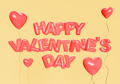 3D rendering of shiny red balloon letters spelling out Happy Valentine's Day with heart-shaped balloons floating on a cheerful yellow background.