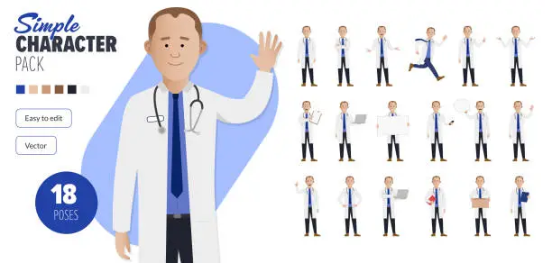 Vector illustration of Simple flat male doctor man vector character in a set of multiple poses.