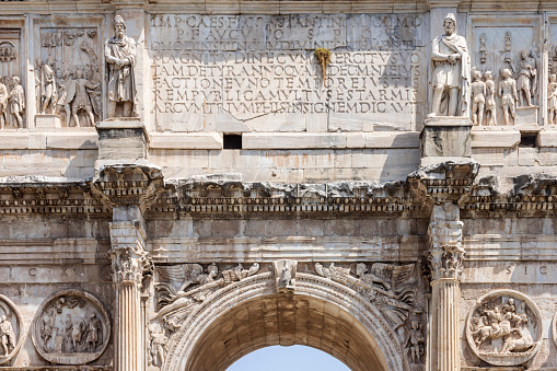 detail of the Arch of Constantine (Arco di Costantino), a triumphal arch in Rome dedicated to the emperor Constantine the Great; Rome, Italy