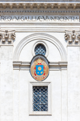 exterior of the Church of Santissima Trinità dei Monti,  a Roman Catholic church in Rome. The church is best known for its position above the Spanish Steps which lead to the famous Piazza di Spagna; Rome, Italy