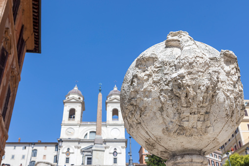 Rome, Lazio, Italy - April 20, 2017: Obelisk in Piazza del Quirinale inserted in the sculptural group of the Dioscuri Fountain