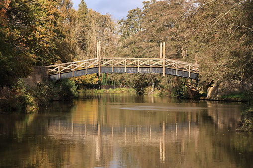 Autumn colours River Wey footbridge near Guildford Surrey England Europe