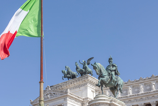 statues of the monument of Victor Emanuel II seen from Piazza Venezia in Rome; Rome, Italy