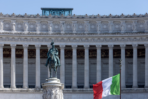 Rome, Lazio, Italy - April 20, 2017: Obelisk in Piazza del Quirinale inserted in the sculptural group of the Dioscuri Fountain
