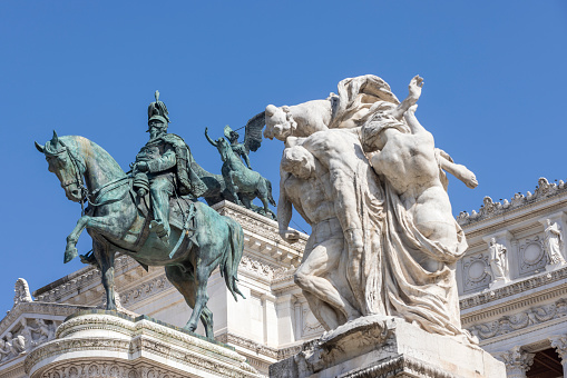 statues of the monument of Victor Emanuel II seen from Piazza Venezia in Rome; Rome, Italy