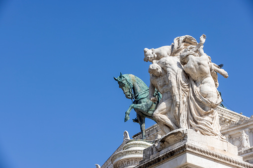 statues of the monument of Victor Emanuel II seen from Piazza Venezia in Rome; Rome, Italy