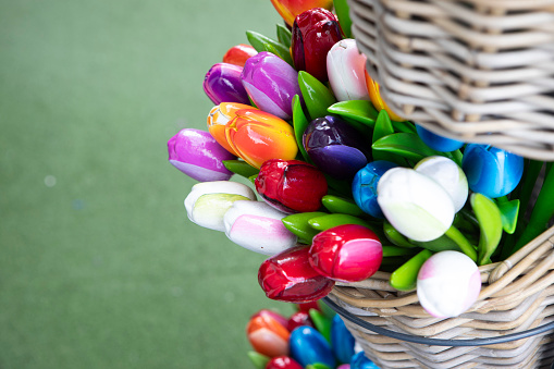 Colourful tulips in a basket