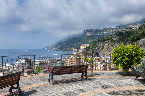 coastal scene along the Amalfi coast at the village of Maiori; Maiori, Italy