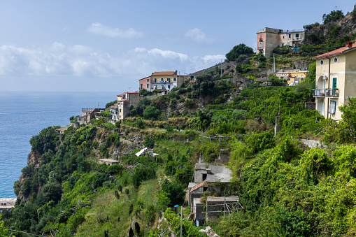 coastal scene along the Amalfi coast at the village of Maiori; Maiori, Italy