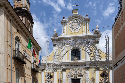 exterior of the Basilica of Santa Trofimena, an example of religious architecture of the eighteenth century,  located in Minori on the Amalfi Coast; Minori, Italy