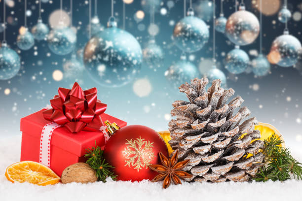 istock Christmas card decoration time with baubles balls gift present and copyspace copy space 1805699206