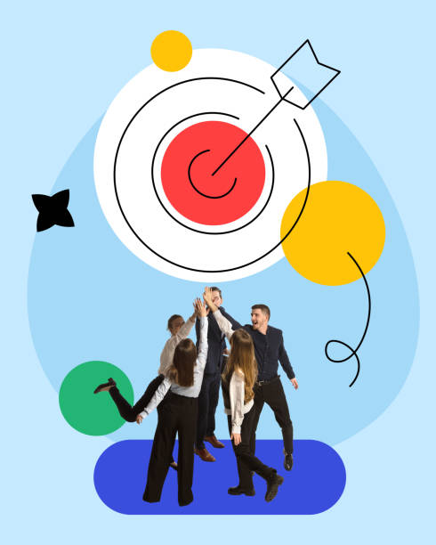 Teamwork. Employees giving high five, starting new project together, maintaining common aims. Contemporary art collage.