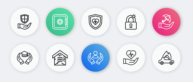 Set line Life insurance, Umbrella hand, Education grant, Broken or cracked lock, with shield, Burning car and House icon. Vector