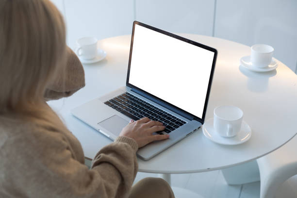 istock woman with laptop. Over shoulder close up mock up screen view 1805725688