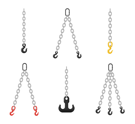 Chain slings heavy lifting engineering equipment with hook and carabiner set realistic vector illustration. Industrial machinery safety crane construct double triple tool iron steel strong wire rope