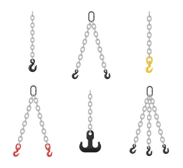 Vector illustration of Chain slings heavy lifting engineering equipment with hook and carabiner set realistic vector