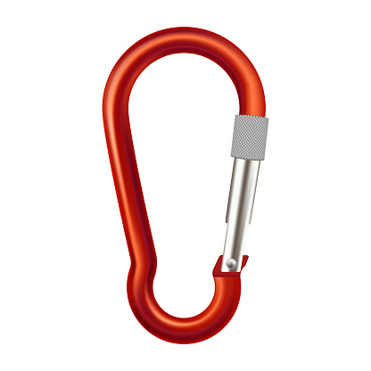 Red climbing carabiner safety mountaineering equipment with steel clasp realistic vector illustration. Strong metallic tool with lock for extreme sport hiking and camping climber reliable protection
