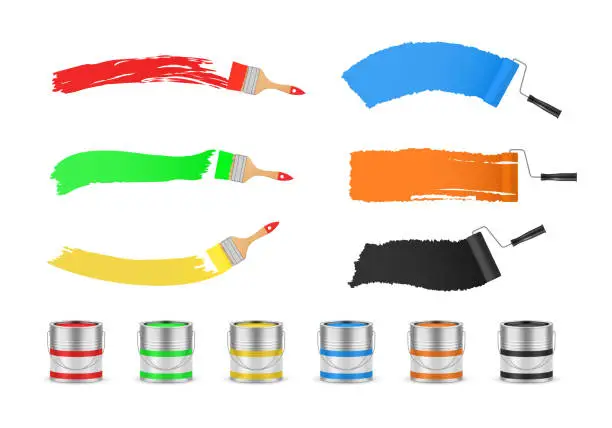 Vector illustration of Paint rollers and brushes with color ink and bucket set realistic vector illustration