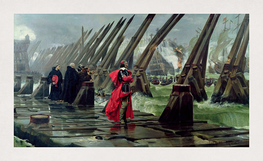 Richelieu in the center of a dike in La Rochelle during the Great Siege of 1628 wearing at the same time the armor and the scarlet cape of a Cardinal. The painting was made by Henri-Paul Motte in 1881.