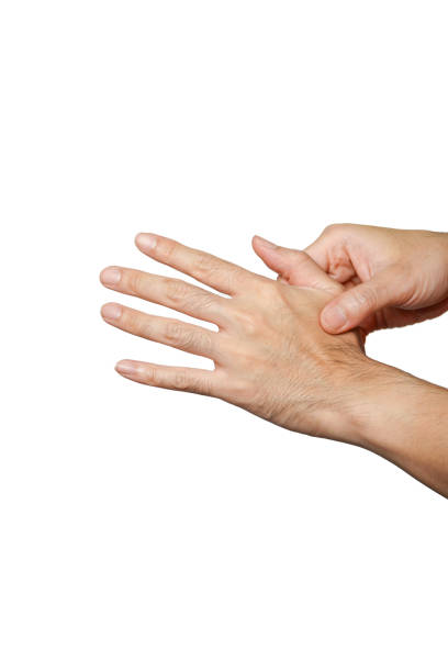 腕に指圧を行う白いbackground.handで隔�離された関節痛を持つ人間の手 - sprain human joint palm human arm ストックフォトと画像