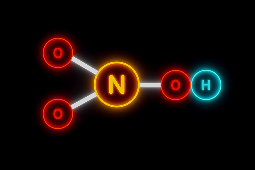 HNO3 nitric acid  molecule as mmodel. Nitric, oxygen and hydrogen compound.