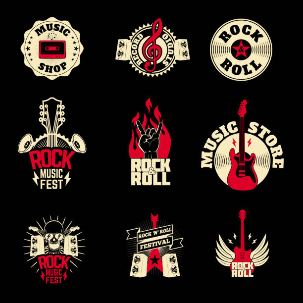 hudební vydavatelství na pozadí grunge. designové prvky pro štítek, emblém, znak. vektorová ilustrace. - rocková hudba hudební styl stock ilustrace