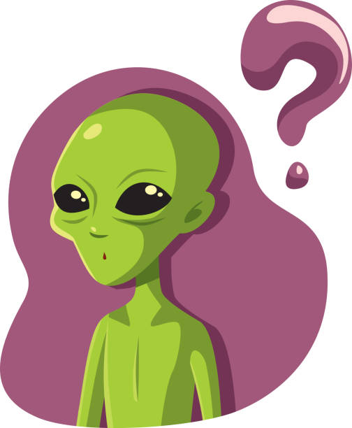 Confused Alien Character Wondering Asking Questions Vector Cartoon Green Martian man feeling puzzled and concerned about human existence extrasolar planet stock illustrations