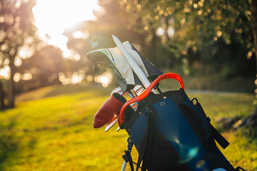 Golf clubs on the course at sunset. Selective focus of a bag containing golf clubs.