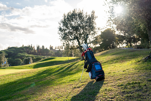 Golf clubs on the course at sunset. Bag containing golf clubs with golf course in the background.