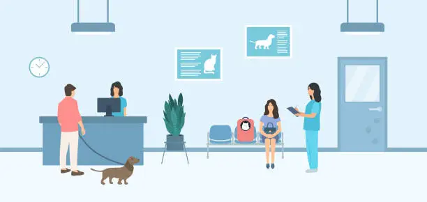 Vector illustration of People With Their Pets Waiting For Appointment Time At A Veterinary Clinic. Vet Medicine And Veterinary Care Concept
