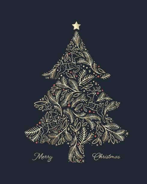 niedlicher handgezeichneter weihnachtsbaum mit zweigen und rentieren, verziertes weihnachtsdesign, ideal für karten, banner, tapeten - vektordesign - weihnachtskarte stock-grafiken, -clipart, -cartoons und -symbole