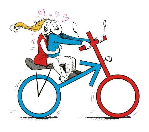 Vector illustration of lovers cycling in the shape of a gender symbol