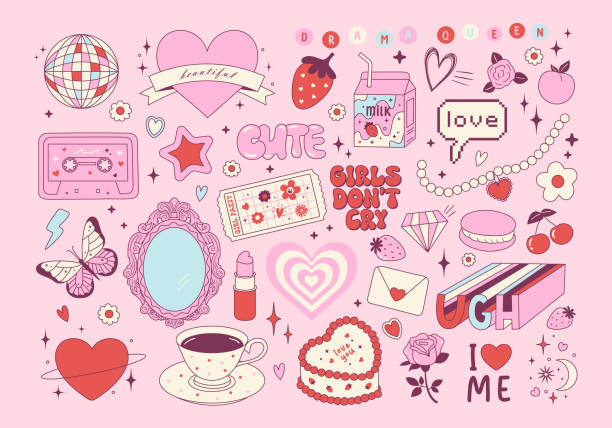 stockillustraties, clipart, cartoons en iconen met set of y2k pink girly clipart. cute cake, milk, rose flower, strawberry, cassette, vintage mirror. coquette trendy decor. - schattig