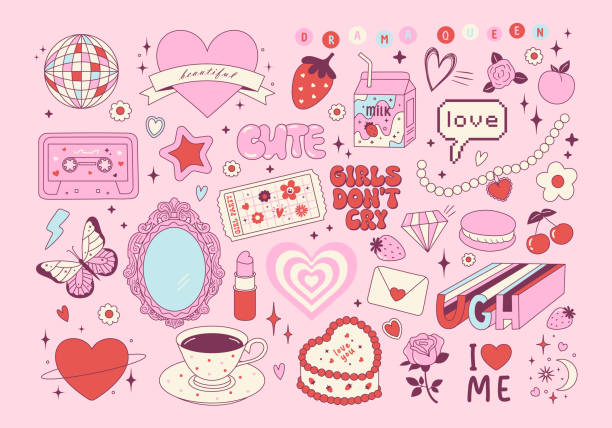 zestaw y2k różowy dziewczęcy clipart. słodkie ciasto, mleko, kwiat róży, truskawka, kaseta, lustro w stylu vintage. modny wystrój kokietki. - strawberry plant audio stock illustrations