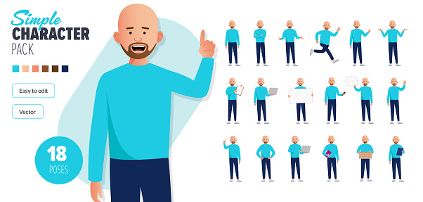 Simple flat bald bearded male vector character in a set of multiple poses. Easy to edit and isolated on a white background. Modern trendy style character mega pack with lots of poses.