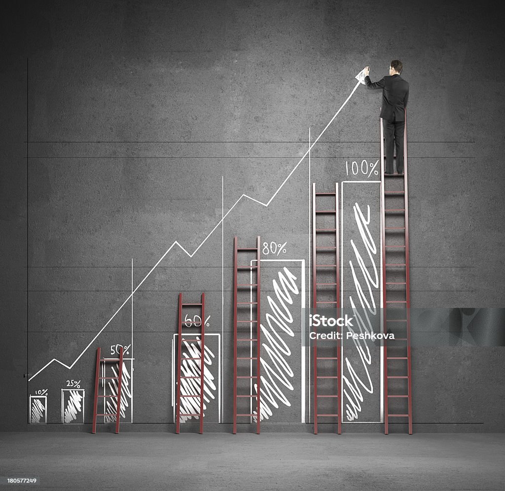 man drawing chart businnessman drawing chart with three ladders Abstract Stock Photo