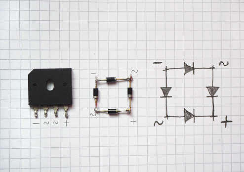 Bridge diode and bridge diode diode diagram. Semiconductor Ac-Dc converter component.